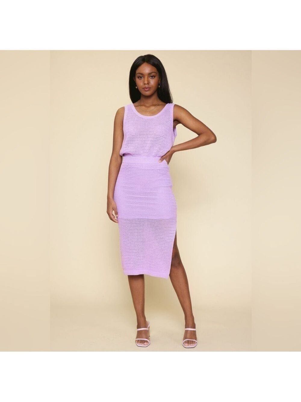 Skies Are Blue Crochet Knit Lined Side Slit Elastic Waist Lilac Midi Skirt
